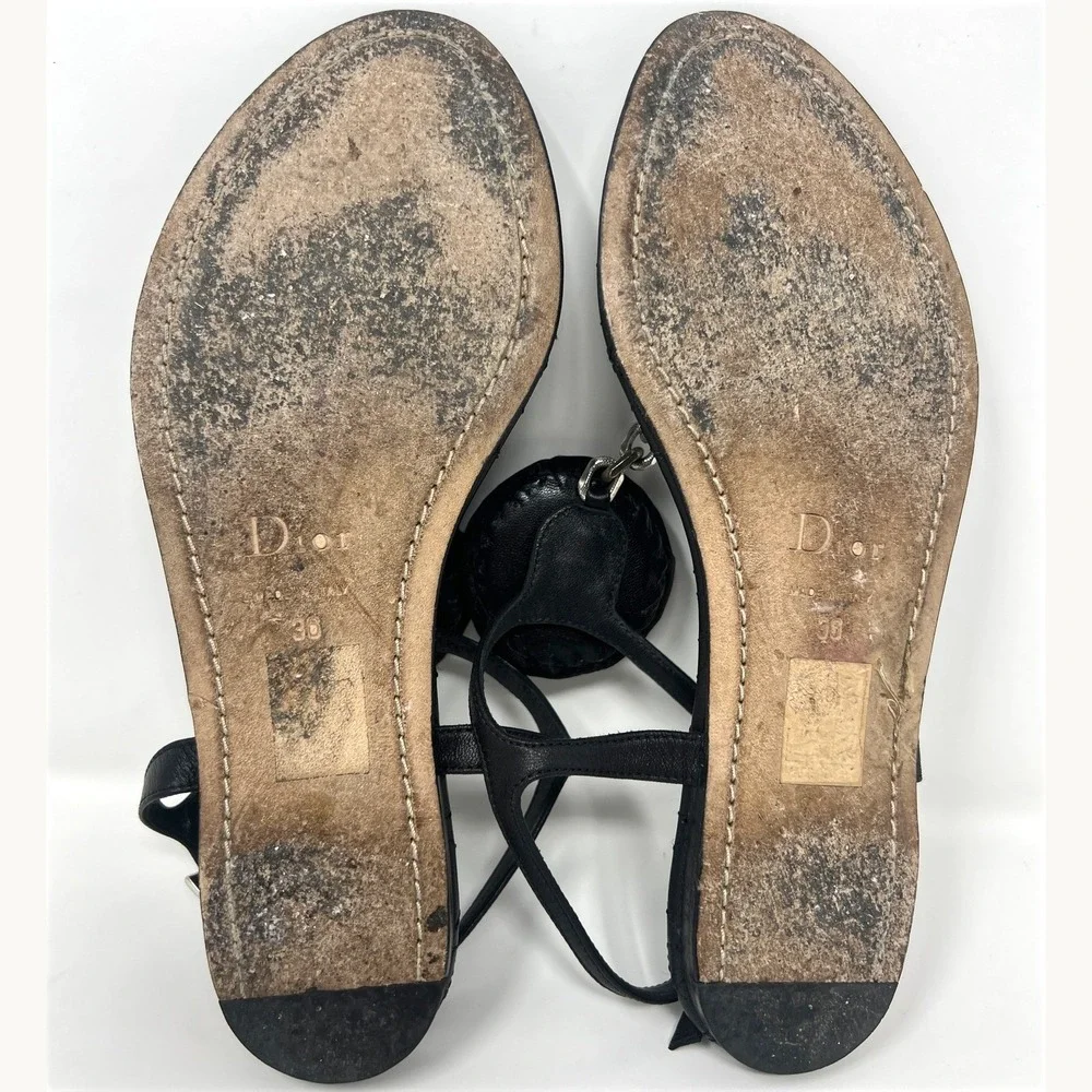 Christian Dior Delices Thong‎ Flat Sandals Black Leather Cannage Rosette 36